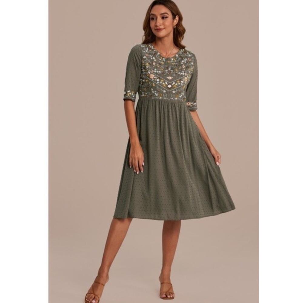 Petallush Floral Embroidery Swiss Dot Green Midi Cotton Dress Size XL New